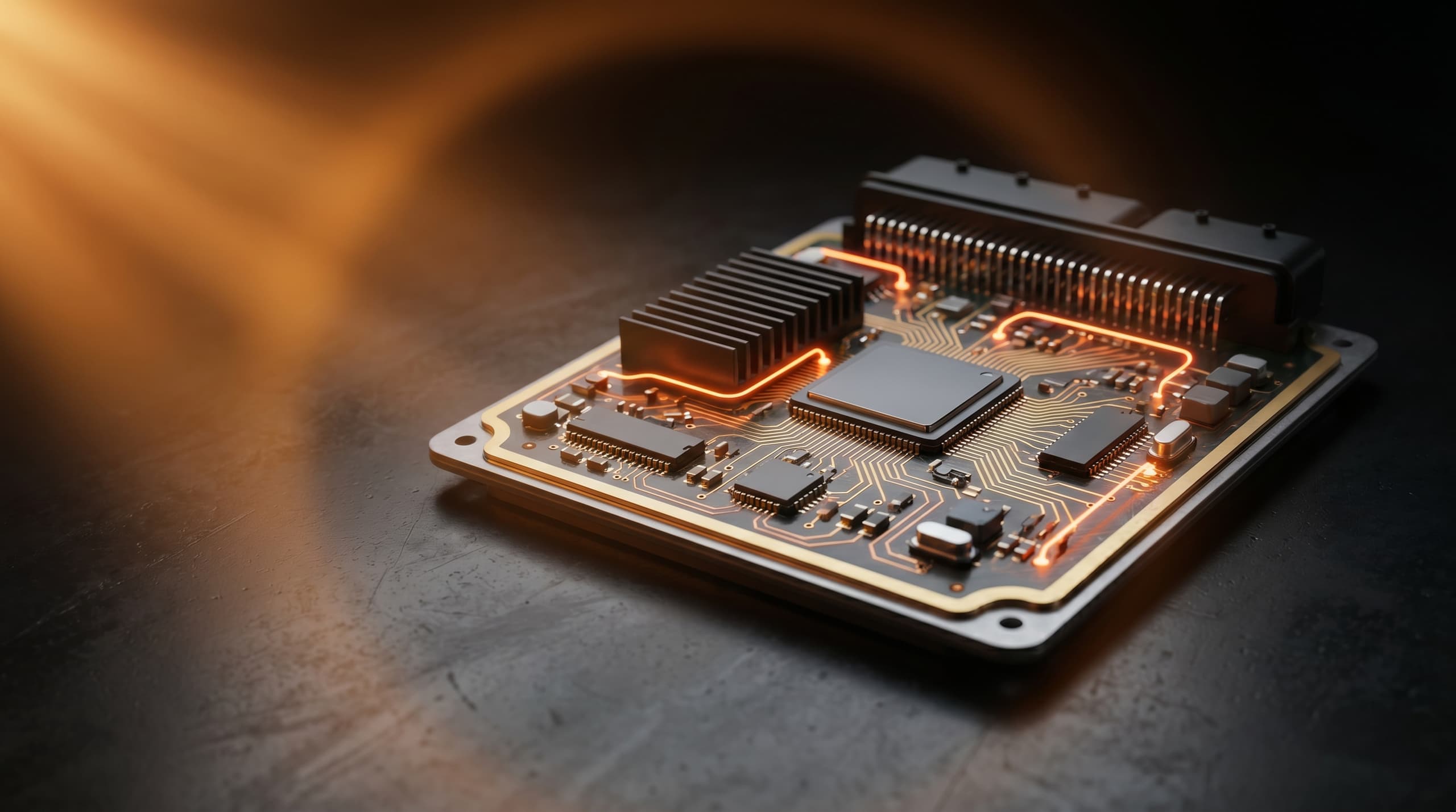 Centralita ECU con conexiones luminosas naranjas